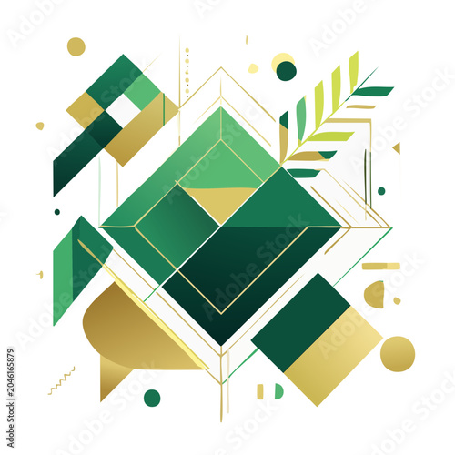 Modern geometric abstract art with green and gold colors