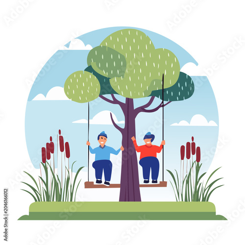 Two children enjoying a swing ride under a tree