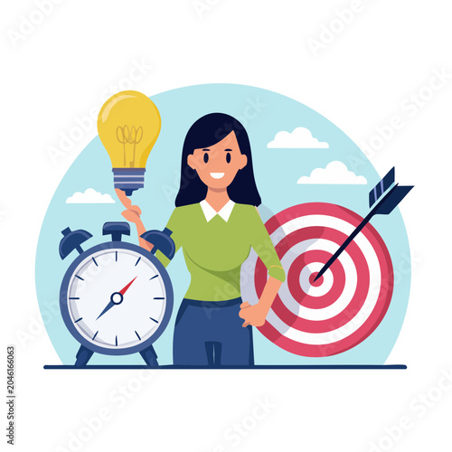 Woman holding a light bulb with alarm clock and target