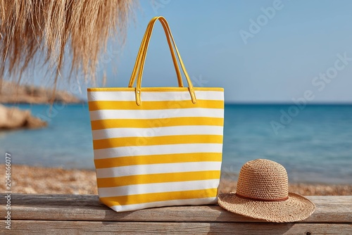 striped cotton tote bag in bright yellow and white seaside style