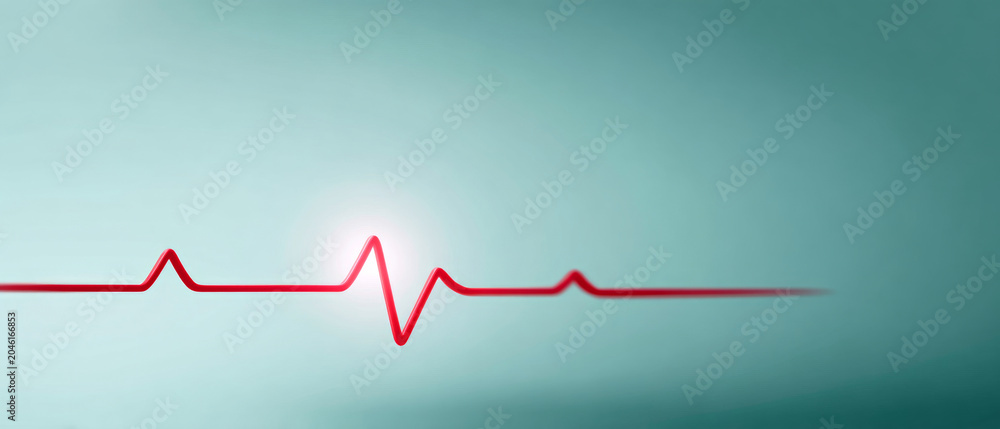 Fototapeta premium Red heartbeat line with glowing peak on soft blue gradient background symbolizing life and medical monitoring