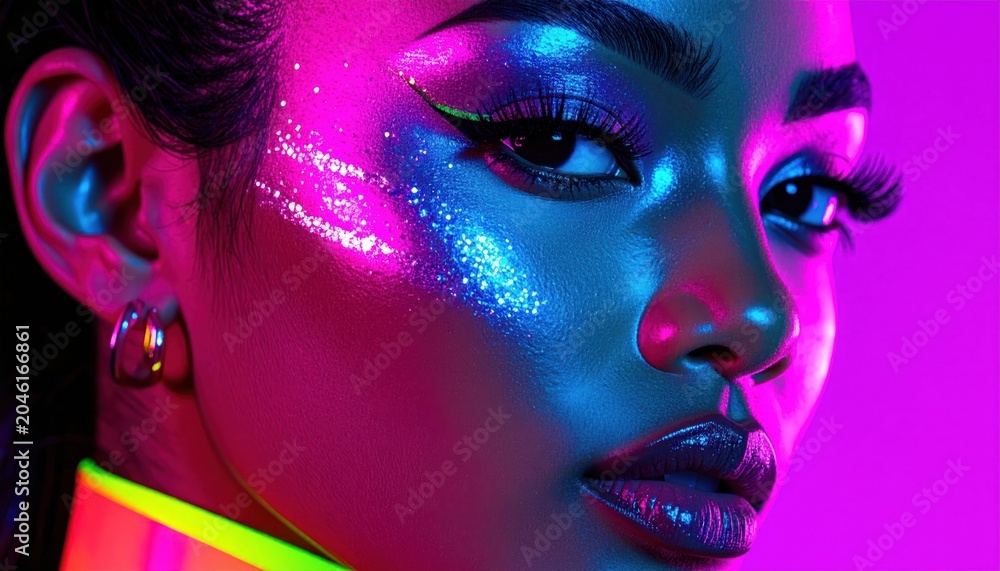 Obraz premium Close up portrait of a young woman with creative neon makeup and vibrant pink and blue lighting in a futuristic cyberpunk aesthetic