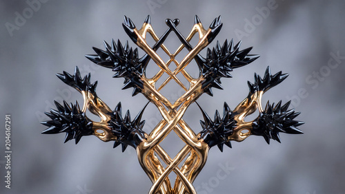 Intricate golden and black abstract art piece with sharp, spiky textures and metallic sheen.