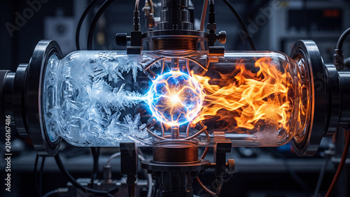 Conceptual image of hot and cold energy, plasma, and ice in a scientific experiment.