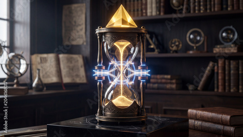 Enchanted hourglass with golden sand and pyramid, glowing with magical energy in a library