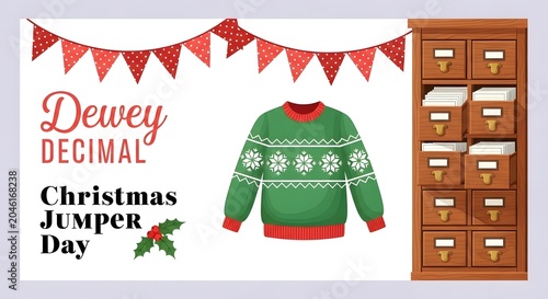 Dewey Decimal Christmas Jumper Day illustration with bookshelf