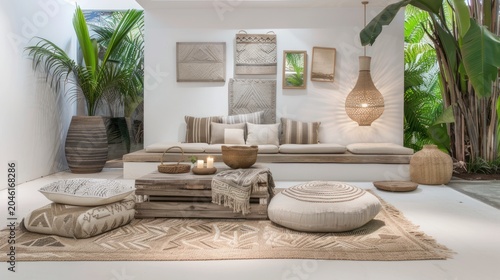 Bohemian Living Room with Neutral Tones Large Sofa Green Plants Wicker Pendant Light Natural Decor