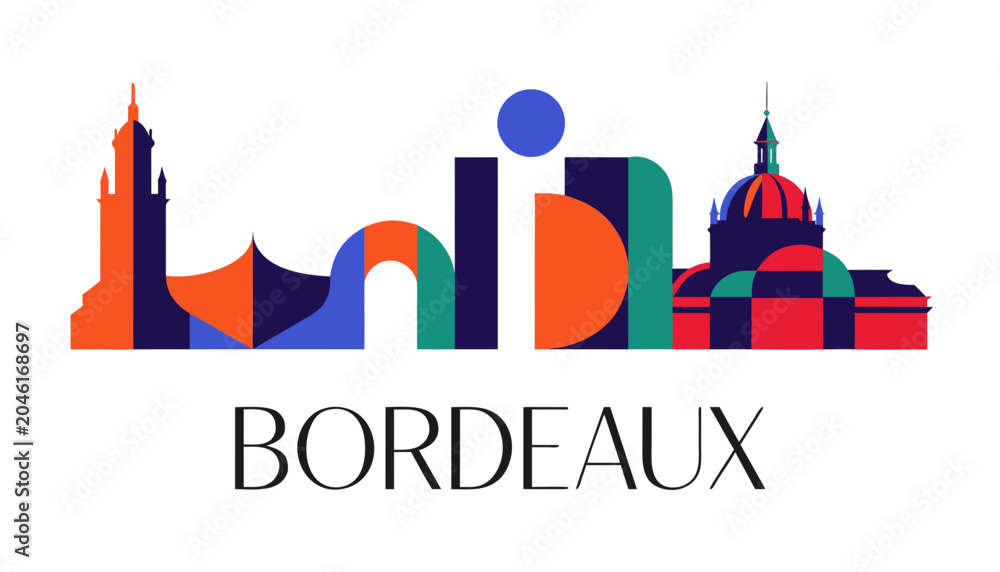 Obraz premium Vector illustration of Bordeaux skyline in colorful silhouette, with “BORDEAUX” text, on white background, modern city identity and tourism design