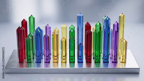 Vibrant colorful crystal pillars on a metallic base, resembling a modern data visualization.