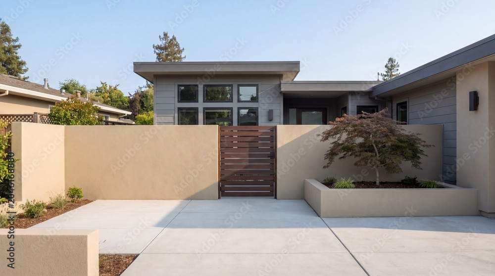 Fototapeta premium Modern minimal house exterior, Privacy wall and concrete courtyard, Flat roof architecture with wooden gate, Contemporary residential real estate