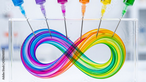 Vibrant fluid art with syringes creating an endless colorful loop in a transparent tank