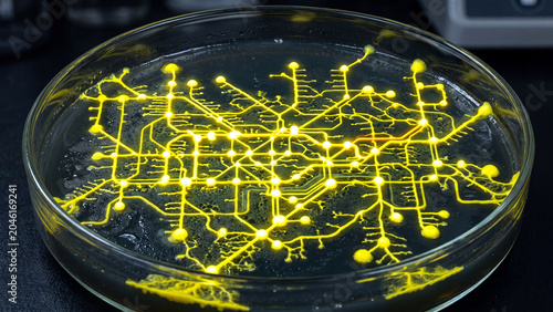 Bright yellow organic network resembling a complex map or circuit in a petri dish.