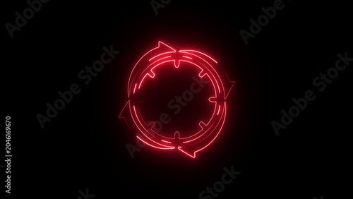 Red neon circular arrows indicating refresh or rotation on black background