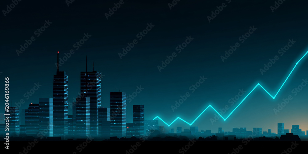 Naklejka premium Night city skyline with illuminated skyscrapers and glowing upward trending graph line symbolizing business growth and financial success