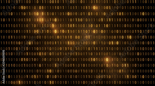 Glowing Golden Binary Code on Black Background, Abstract Digital Data Stream and Cyber Security Concept