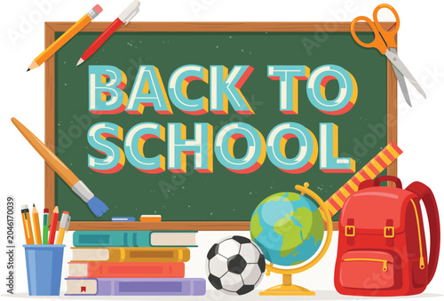 Colorful back to school illustration with educational items on white background