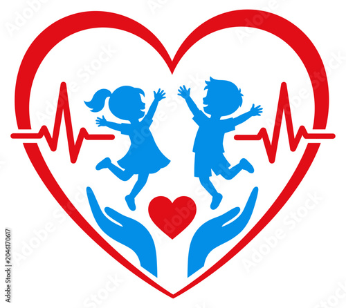 Silhouette of jumping children inside a red heart with a heartbeat line