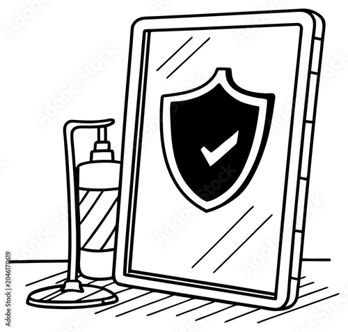 A beauty salon mirror with a shield symbol and a sanitizer bottle on a white background