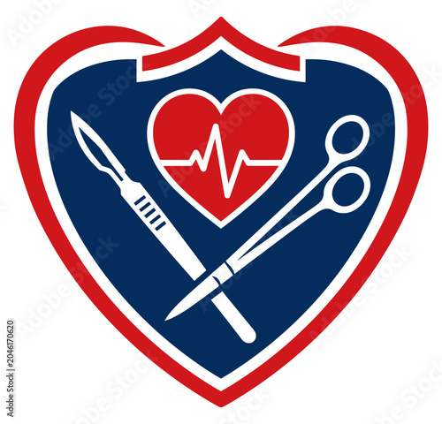 Medical emblem featuring a heart, scalpel, and surgical scissors on a shield