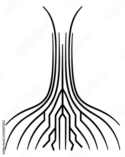 Black hair strands transforming into flowing digital circuit lines on a white background