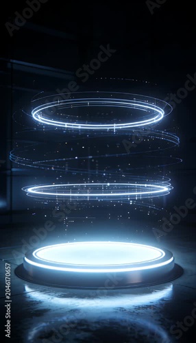 Futuristic hologram portal circle neon light blue digital sci fi technology virtual transport interface with glowing technology portal and abstract digital light ring dark high tech room cyber space