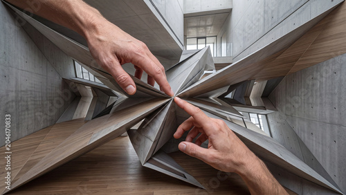 Human hands interact with a complex, geometric architectural structure of concrete and wood.