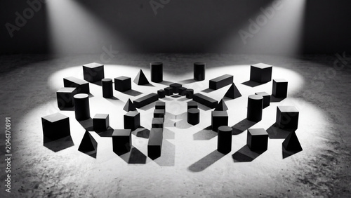Abstract black and white composition of geometric shapes on concrete floor under spotlights.