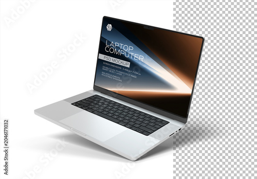 Isolated Silver Laptop with Shadow Floating on White Background Mockup