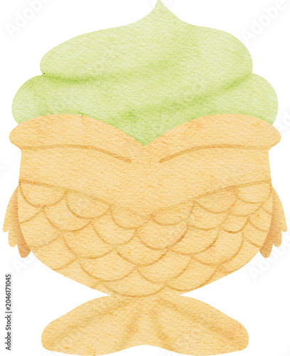 Cute hand drawn bungeoppang fish bread filled with custrad, retro Asian street food dessert clip art, Watercolor taiyaki illustration isolated on background
