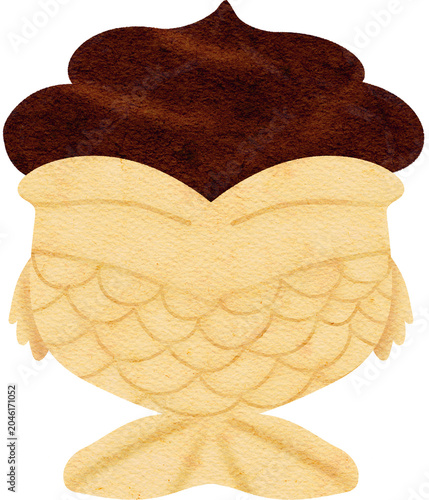 Cute hand drawn bungeoppang fish bread filled with custrad, retro Asian street food dessert clip art, Watercolor taiyaki illustration isolated on background