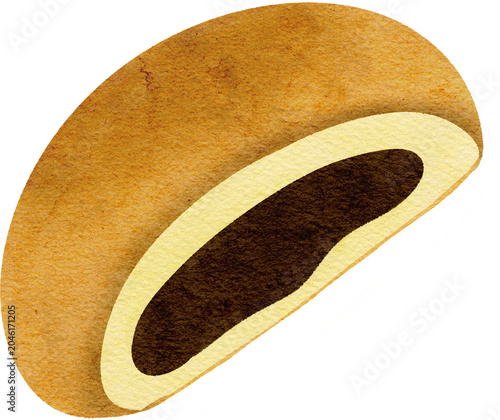 Watercolor sweet chocolate cream bun illustration isolated on background, Japanese anpan red bean paste filled bread.