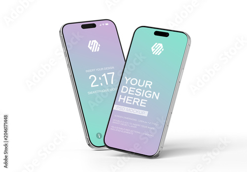 Two Floating Glossy Smartphones with Editable Shadow and Background Mockup