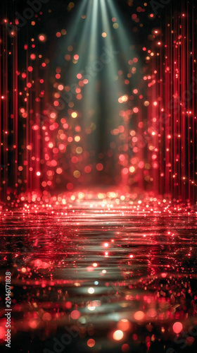 Glamorous red bokeh stage background with spotlight reflection, ideal for luxury cosmetic marketing and festive event promotions.
