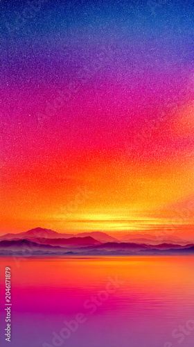 Vibrant gradient landscape background with starry sky over mountains, ideal for aesthetic mobile wallpapers and modern digital designs.