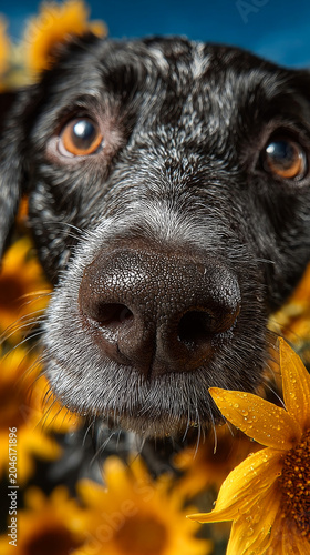 Wet dog nose sniffing sunflowers in summer rain, cinematic macro animal close-up for nature ads, wellness visuals, emotional storytelling