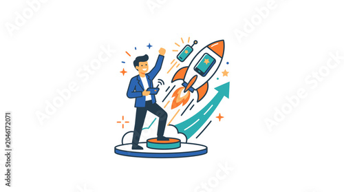 Tableau sur toile Businessman launching rocket to success.