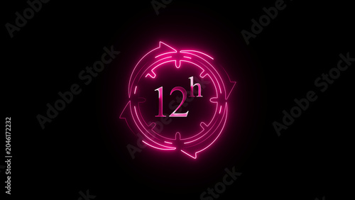 12 hours neon light effect, pink colored 12 hours time cycle icon on black background