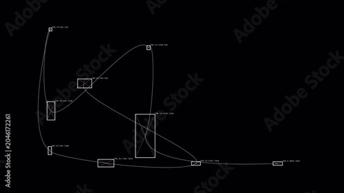 Dynamic cyclic object tracking visualization: chaotic AI scans connecting nodes on black background