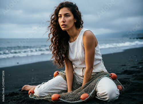 Beautiful European woman caught in fishing net with floats sits on black sand by the ocean, studio lighting.
