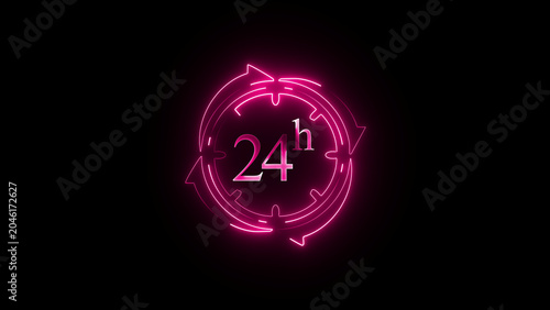 24 hours neon light effect, pink colored 24 hours time cycle icon on black background
