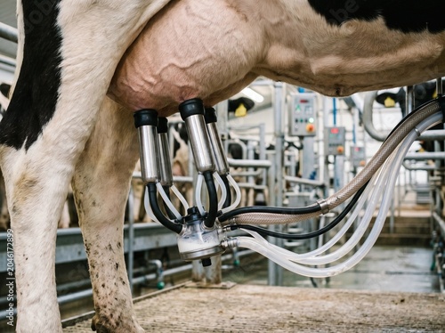 Close-up of a Holstein cow being milked by an automatic milking system in a professional dairy facility, highlighting modern food production and livestock management techniques