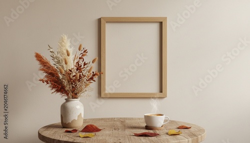 Vertical wooden frame mockup with dried flowers and coffee cup