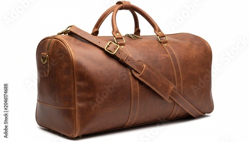 Vintage brown leather travel duffel bag on white background