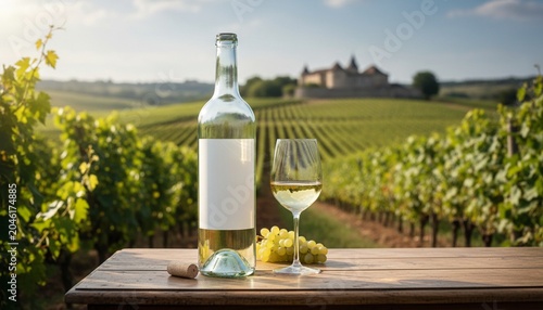 White wine bottle and glass on wooden table in a vineyard