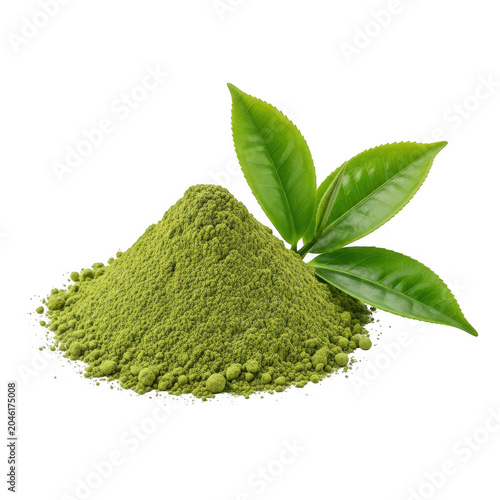 matcha green tea powder with fresh leaves isolated on transparent background