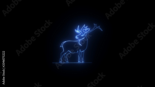 Glowing blue neon deer silhouette with majestic antlers illustrated in continuous line art style on black