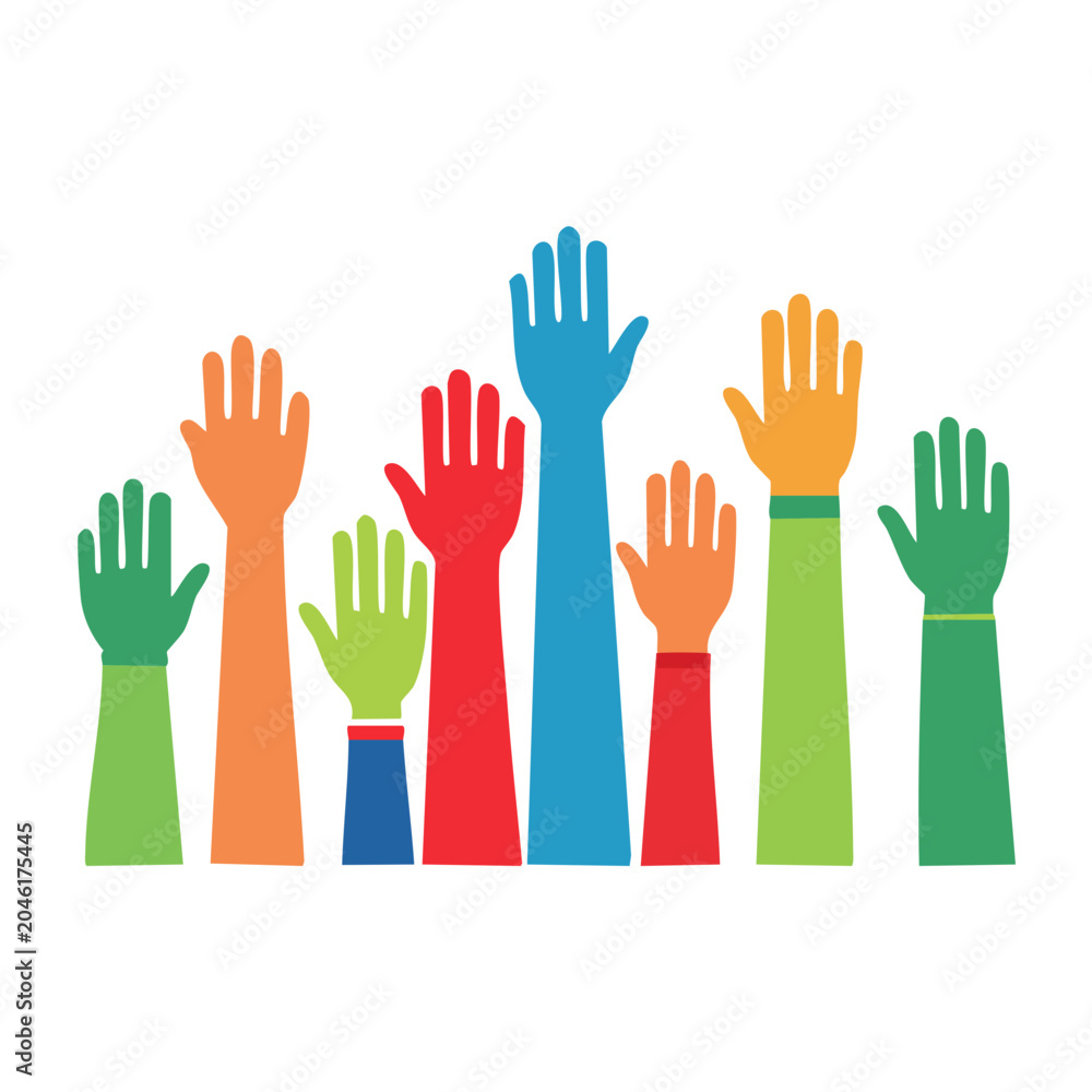 Fototapeta premium Diverse raised hands in flat design style