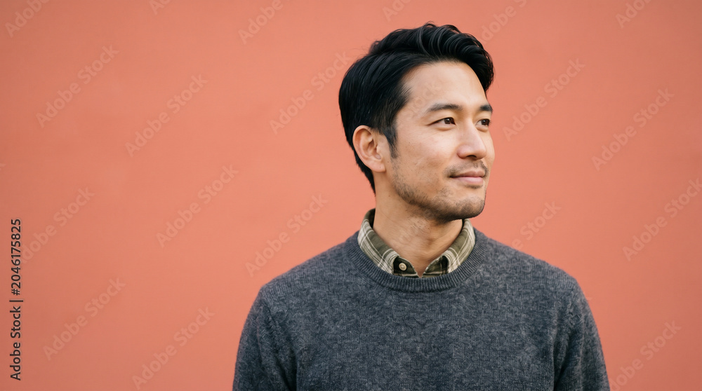 Obraz premium 少し視線を外した自然な表情の30代日本人男性。 コーラル背景と自然光が柔らかい季節感を演出。