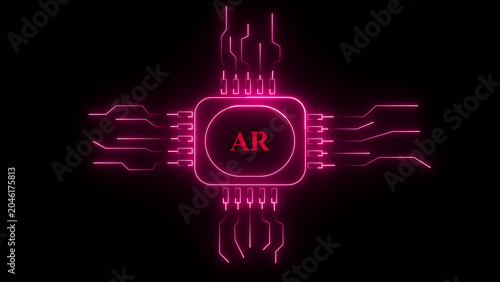 Neon glowing AR digital circuit board technology background, augmented reality concept