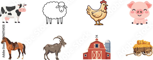 Bild auf Leinwand Set of hand drawn farm animal and agriculture icons featuring cow sheep chicken